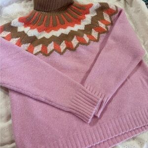 J. Crew Pink and Brown Patterned Turtleneck Sweater